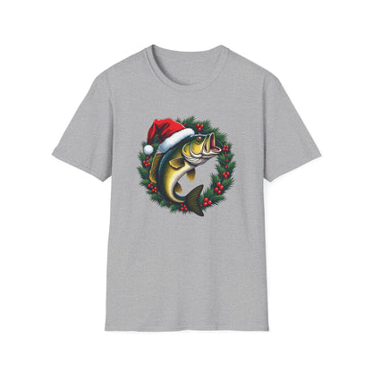 Christmas Wreath Bass Fishing T-Shirt — Santa Hat Fish Holiday Tee