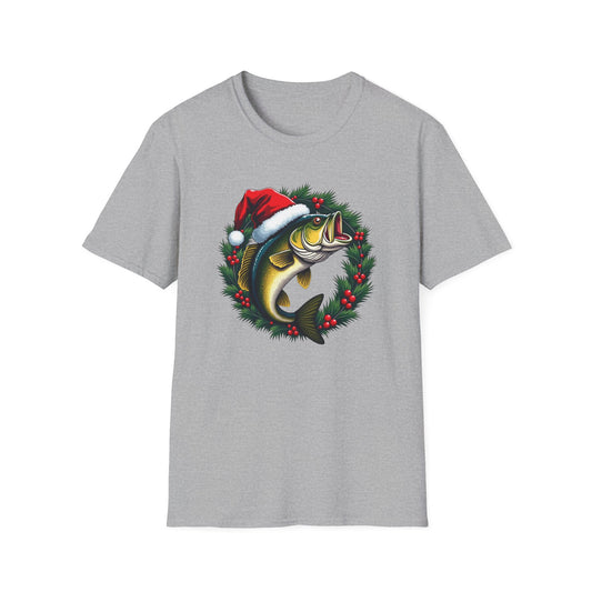 Christmas Wreath Bass Fishing T-Shirt — Santa Hat Fish Holiday Tee
