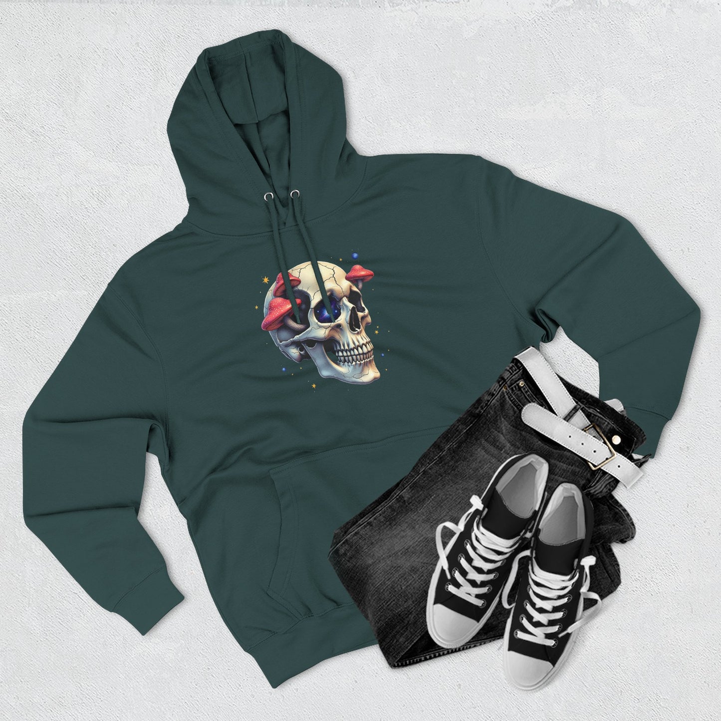 Skull & Mushrooms Hoodie — Gothic Skull with Red Mushroom Graphic