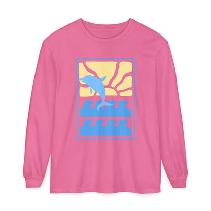 Sunset Dolphin Unisex Garment-dyed Long Sleeve T-Shirt - Psychonaut Swag