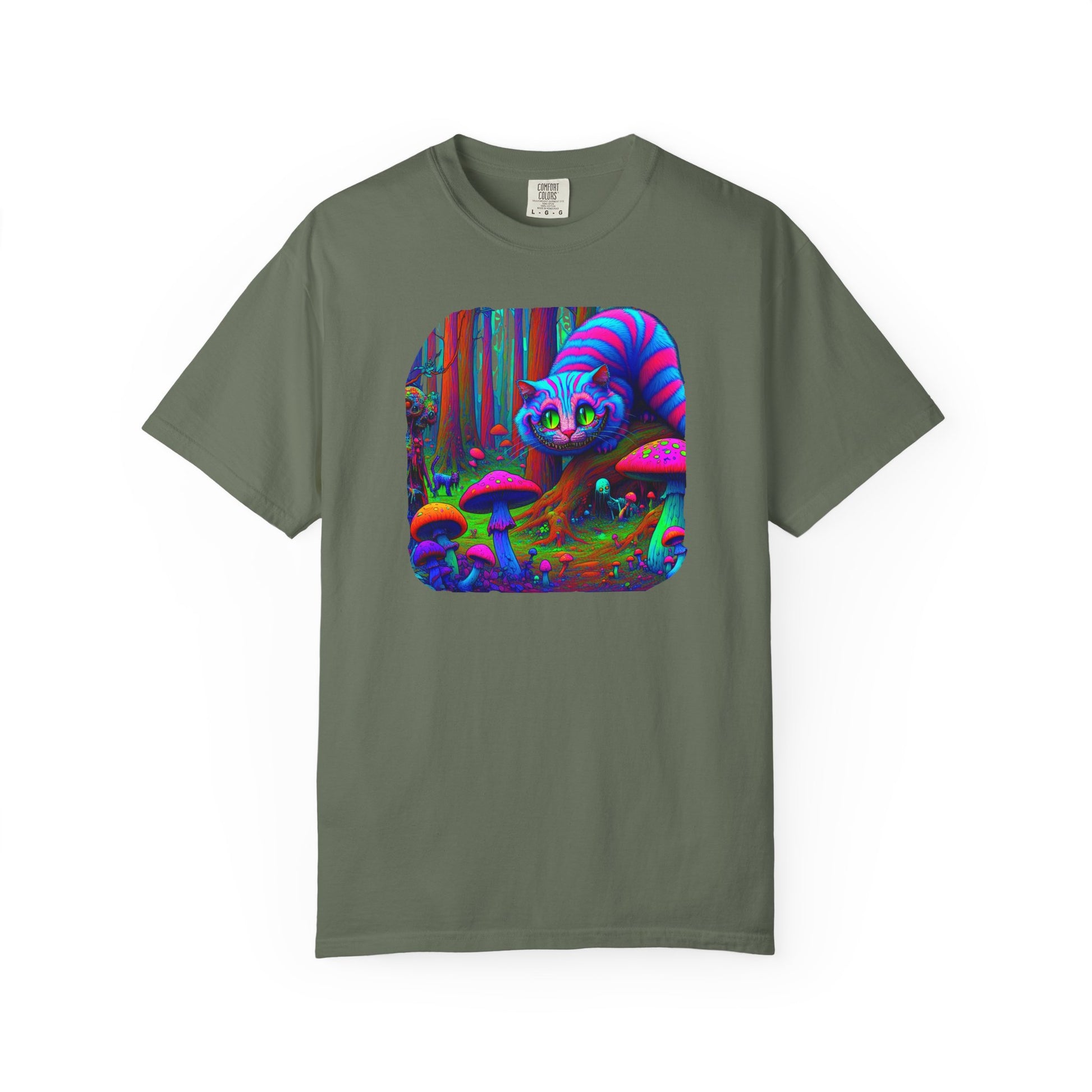Curious Cat with mushrooms, Unisex Garment-Dyed T-shirt - Psychonaut Swag