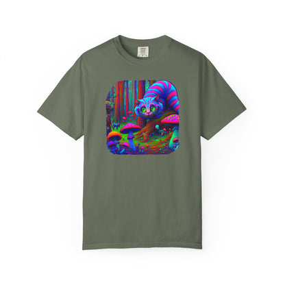 Curious Cat with mushrooms, Unisex Garment-Dyed T-shirt - Psychonaut Swag