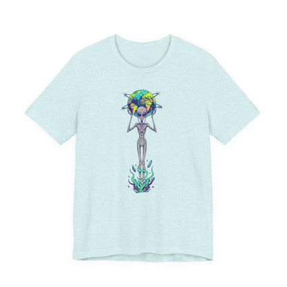 Alien Holding Earth Graphic Tee — Cosmic Sci‑Fi Alien Shirt