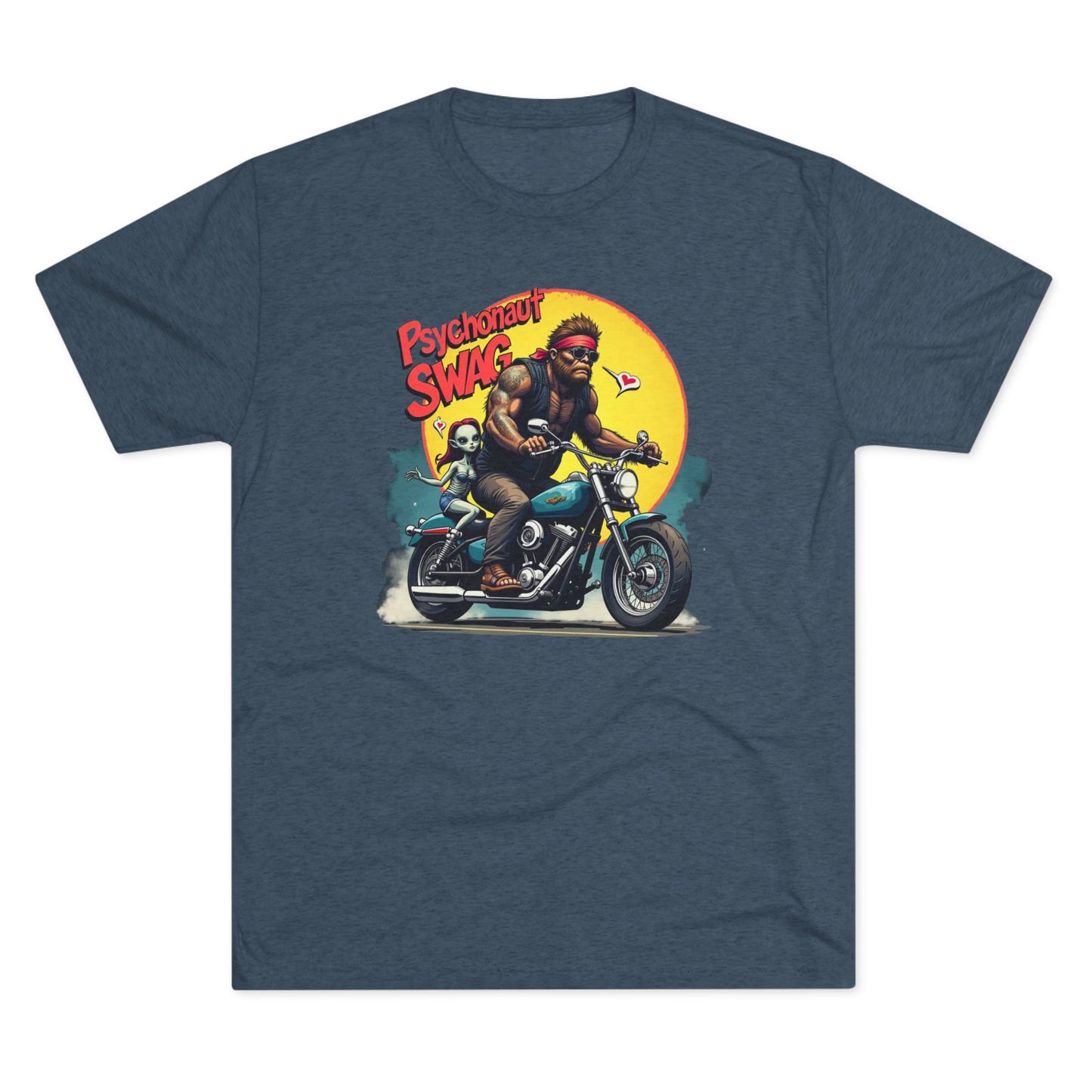 Psychonaut Swag Bigfoot on Motorcycle T-Shirt — Retro Biker Graphic Tee