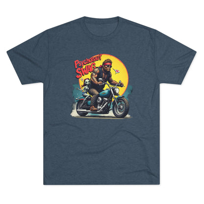 Psychonaut Swag Bigfoot on Motorcycle T-Shirt — Retro Biker Graphic Tee