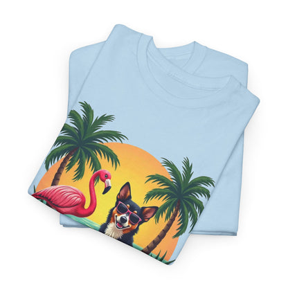 Dog Beach Sunset T-Shirt — Tropical Flamingo Palm Tee