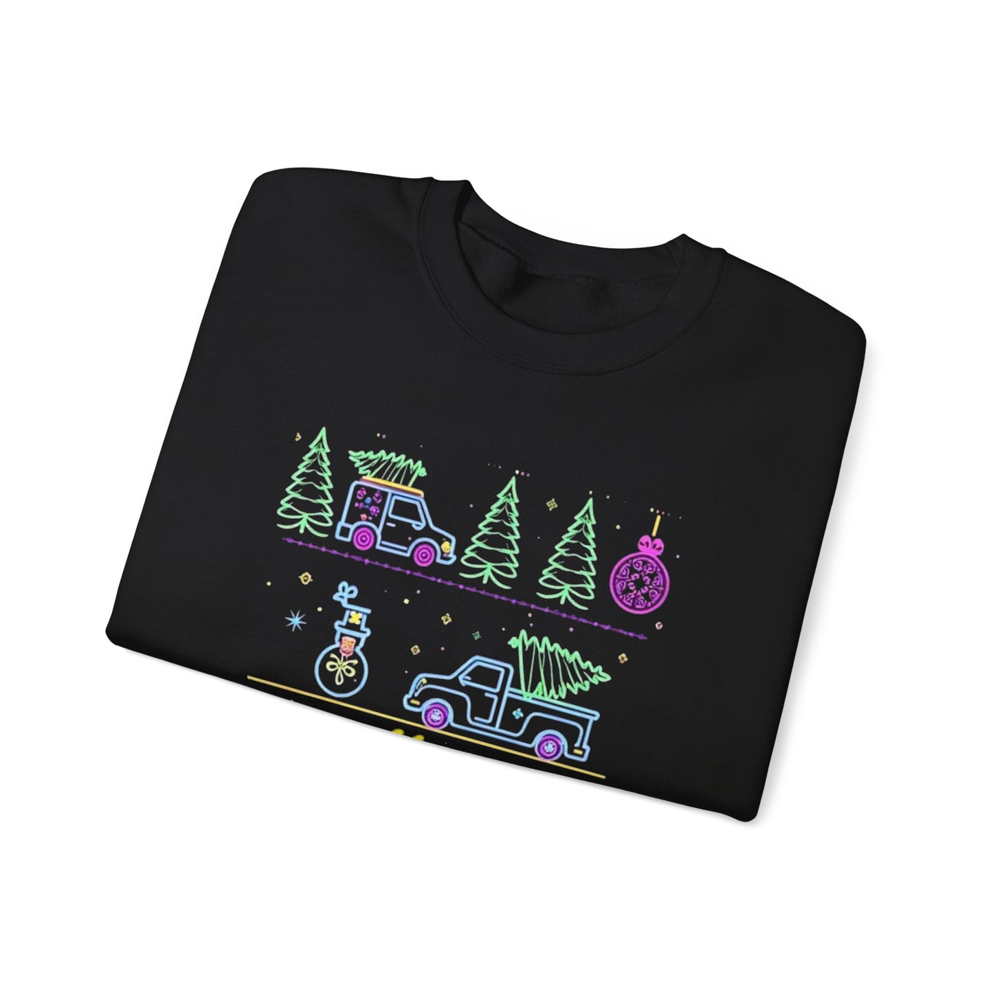 Christmas Crewneck Sweatshirt — Neon Holiday Tree "Merry Christmas" Design