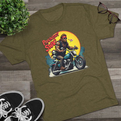 Psychonaut Swag Bigfoot on Motorcycle T-Shirt — Retro Biker Graphic Tee