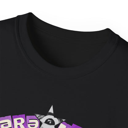 Paranoid in Vegas, Retro Cyber Goth Tee — Purple Distorted Face Graphic Shirt