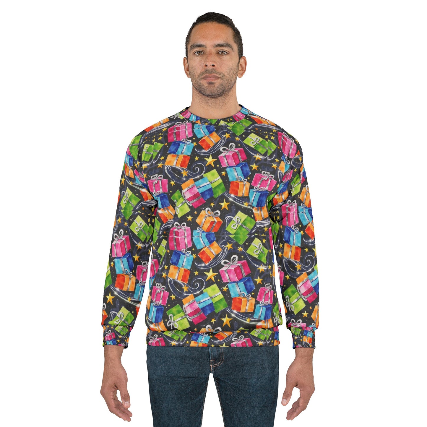 Gift Pattern Ugly Christmas Sweatshirt - Colorful Presents All-Over Print Holiday Pullover