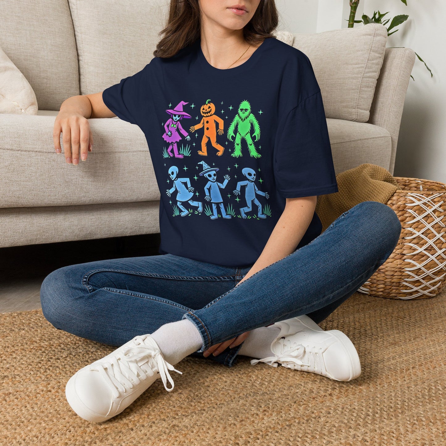 Halloween Monster Dance T-Shirt — Neon Witch, Pumpkin & Yeti Graphic Tee