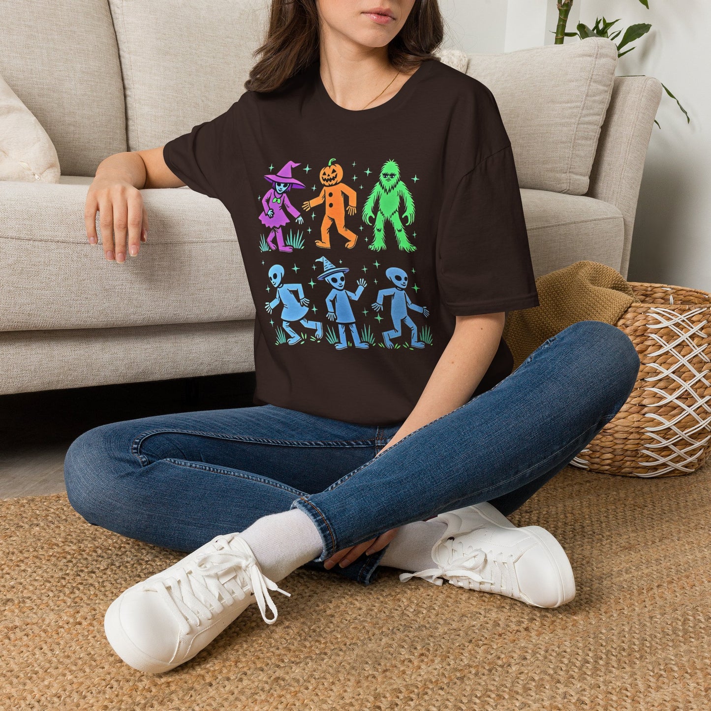 Halloween Monster Dance T-Shirt — Neon Witch, Pumpkin & Yeti Graphic Tee