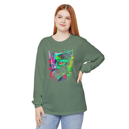 Psychedelic Cat, Unisex Garment-dyed Long Sleeve T-Shirt