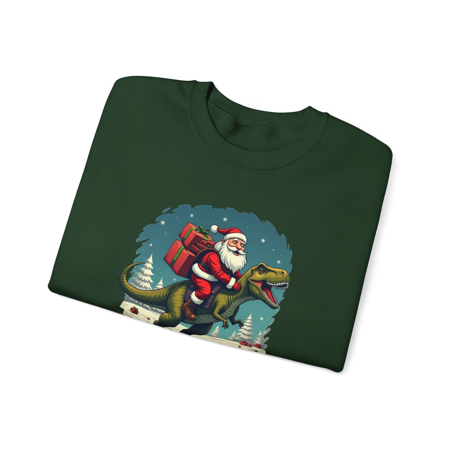 Santa Dashing through on a Dinosaur Sweatshirt — Santa Riding T-Rex Holiday Crewneck
