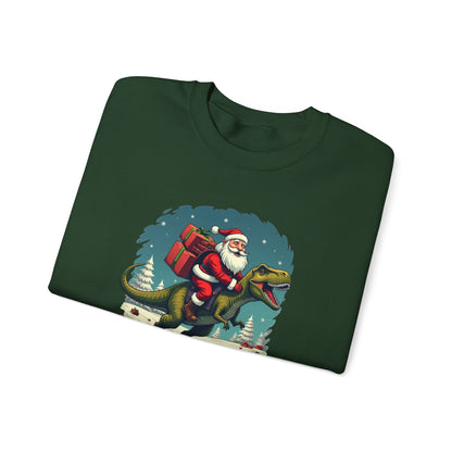 Santa Dashing through on a Dinosaur Sweatshirt — Santa Riding T-Rex Holiday Crewneck
