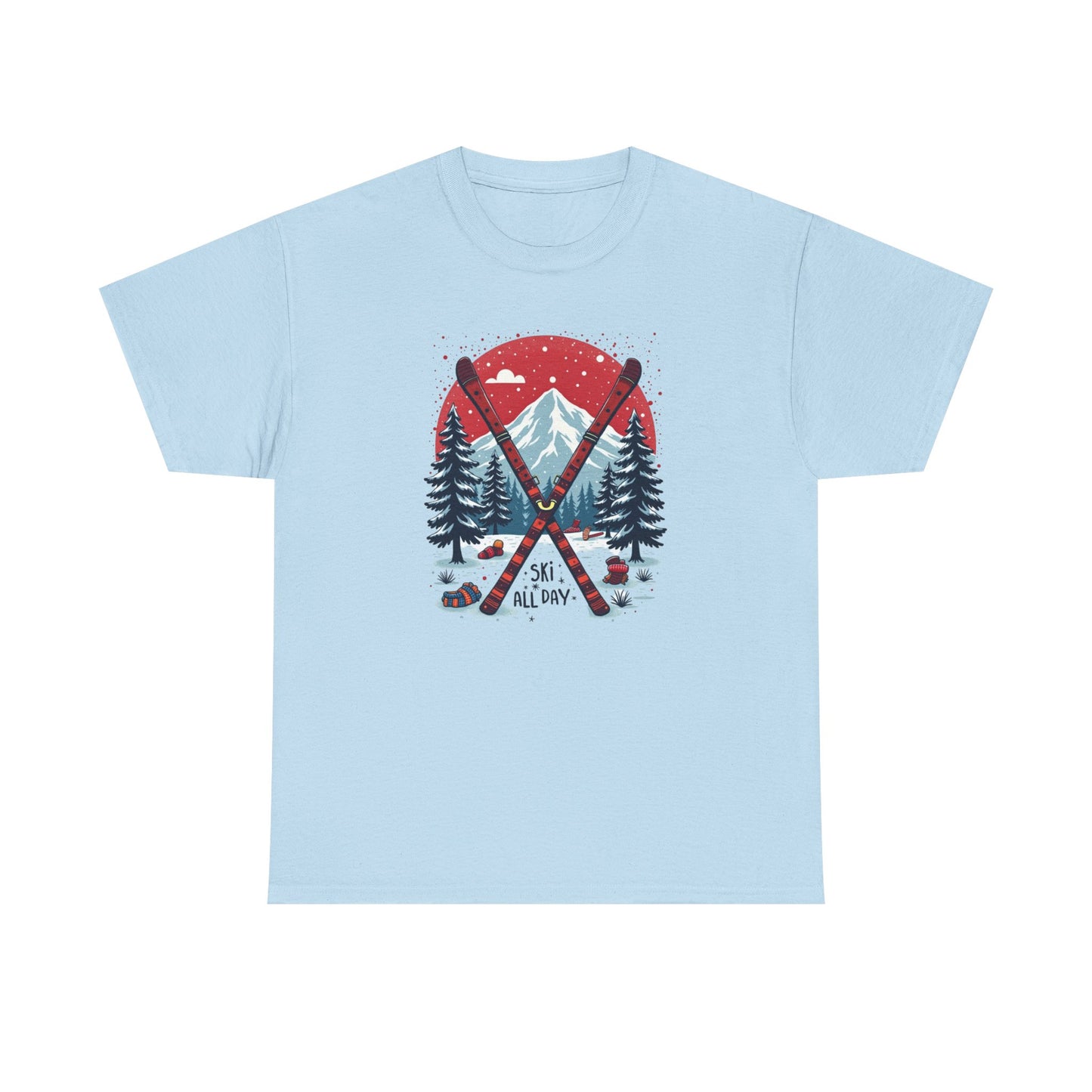 Ski All Day T-Shirt – Vintage Mountain Skis, Trees & Snow Graphic