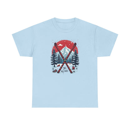 Ski All Day T-Shirt – Vintage Mountain Skis, Trees & Snow Graphic