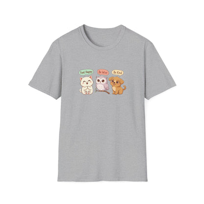 Cute Kawaii Pets T-Shirt — 'Feel Happy, Be Wise, Be Kind' Cartoon Cat Owl Dog Tee
