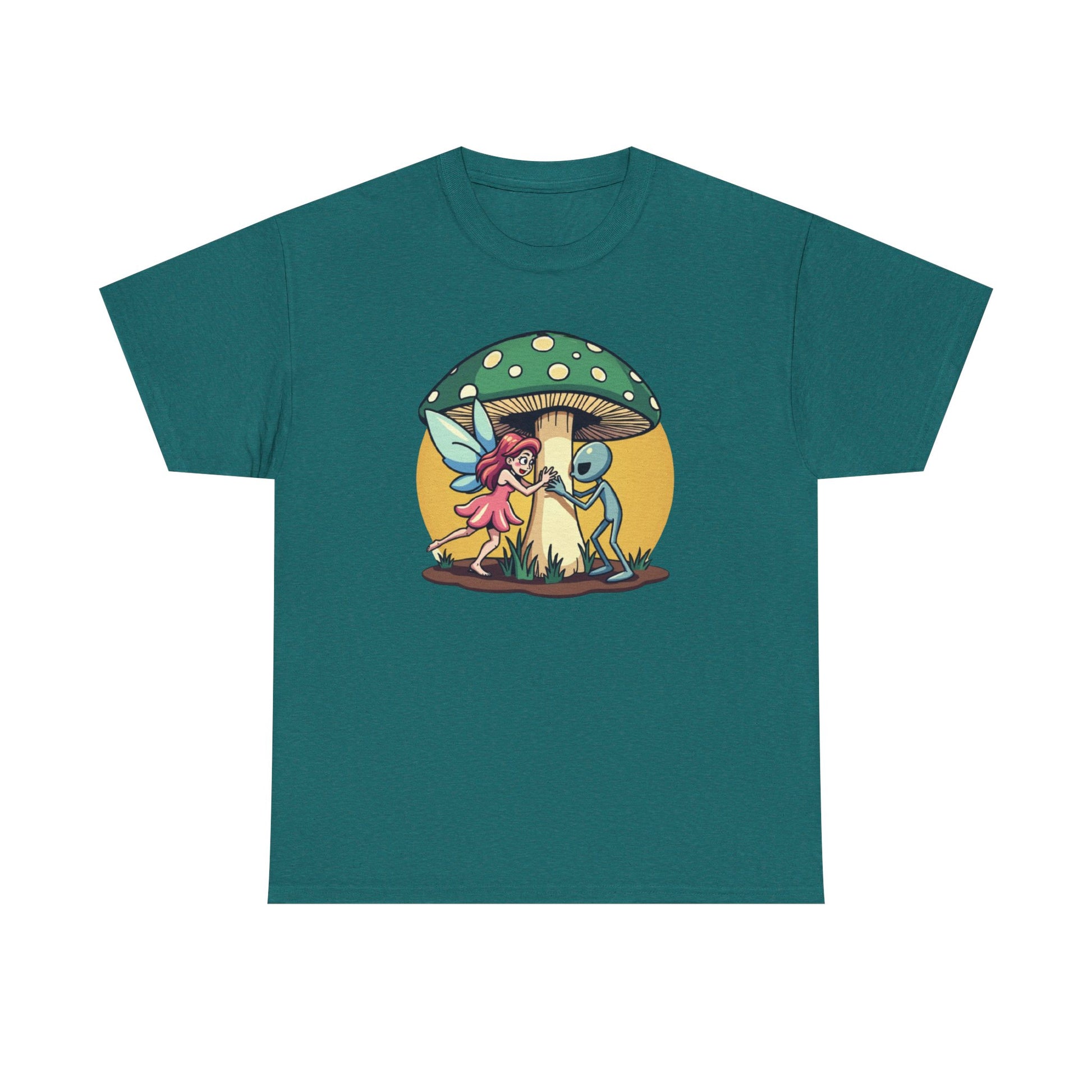 Alien chased by Fairy, Mushroom Unisex Heavy Cotton Tee - Psychonaut Swag