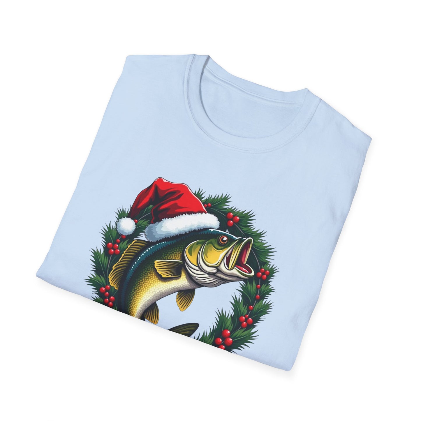 Christmas Wreath Bass Fishing T-Shirt — Santa Hat Fish Holiday Tee