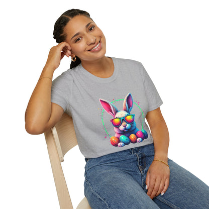 Easter Bunny Sunglasses T-Shirt — Colorful Neon Bunny with Easter Eggs
