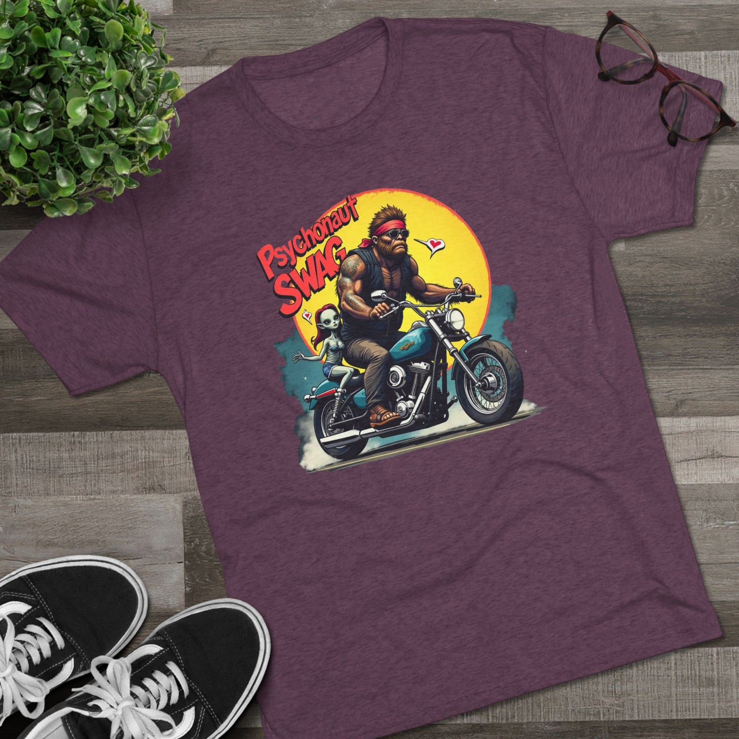 Psychonaut Swag Bigfoot on Motorcycle T-Shirt — Retro Biker Graphic Tee