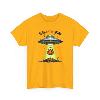 Halloween UFO T-Shirt — "Beam Up The Goods" Pumpkin Candy Abduction Tee