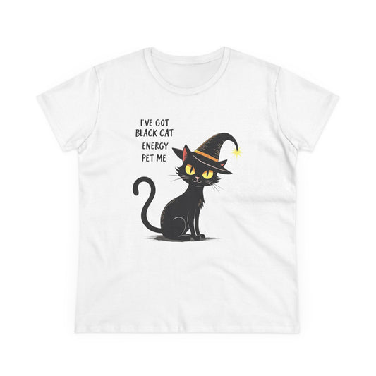 Black Cat Energy Tee — Cute Witchy Women's T-Shirt ("I've Got Black Cat Energy — Pet Me")