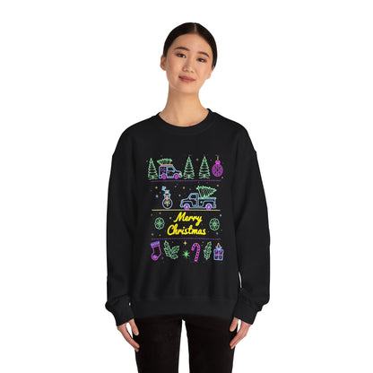 Christmas Crewneck Sweatshirt — Neon Holiday Tree "Merry Christmas" Design