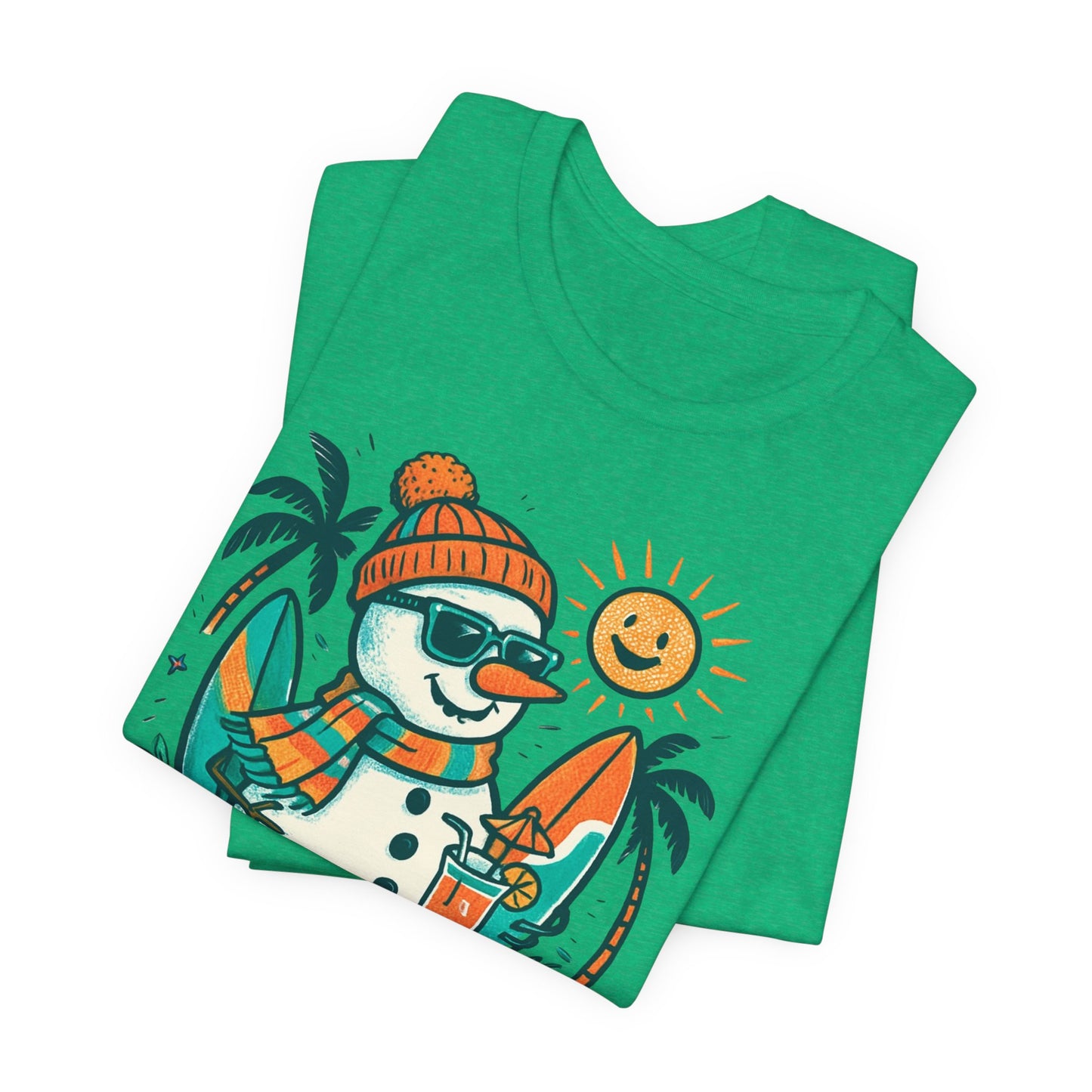 Frosty on Vacation Graphic Tee — Surfing Snowman with Drink Summer Holiday T-Shirt