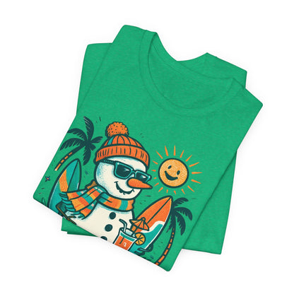 Frosty on Vacation Graphic Tee — Surfing Snowman with Drink Summer Holiday T-Shirt