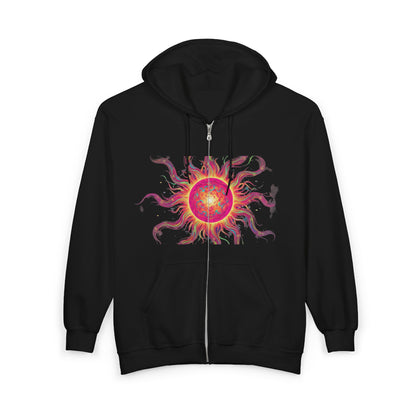 Sunburst Zip Hoodie — Vibrant Psychedelic Sun Graphic