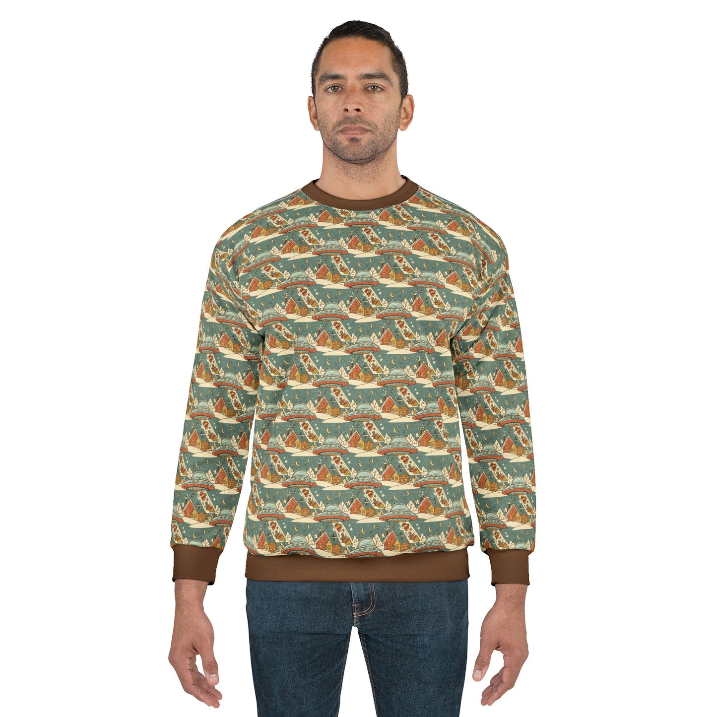 Mothership delivering gifts,  All-Over-Print Sweatshirt — Orange Coastal Vintage Pattern