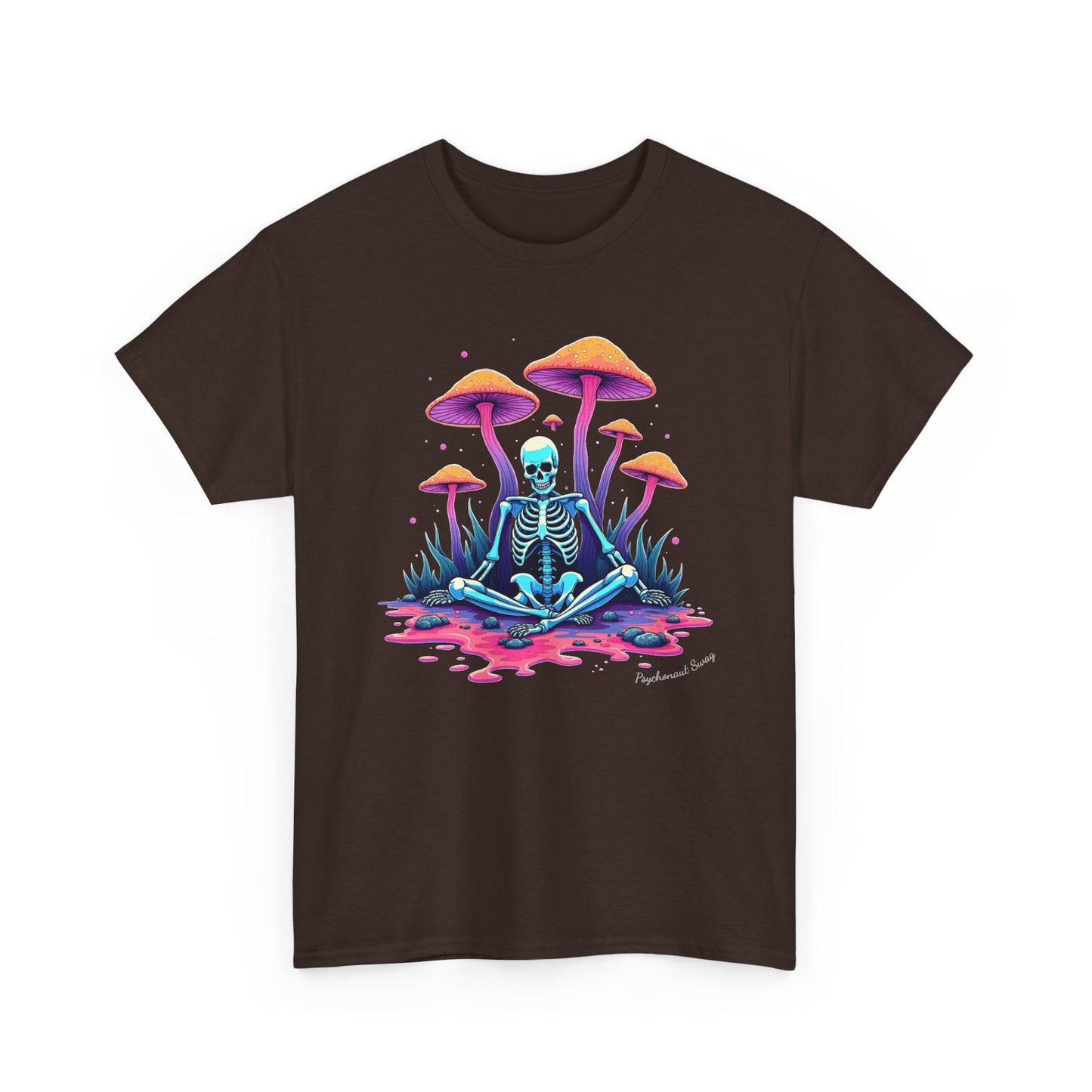 Psychedelic Mushroom Skeleton Near-Death Trip T‑Shirt — Neon Trippy Fungi Meditation Tee