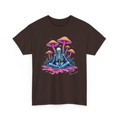 Psychedelic Mushroom Skeleton Near-Death Trip T‑Shirt — Neon Trippy Fungi Meditation Tee