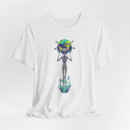 Alien Holding Earth Graphic Tee — Cosmic Sci‑Fi Alien Shirt