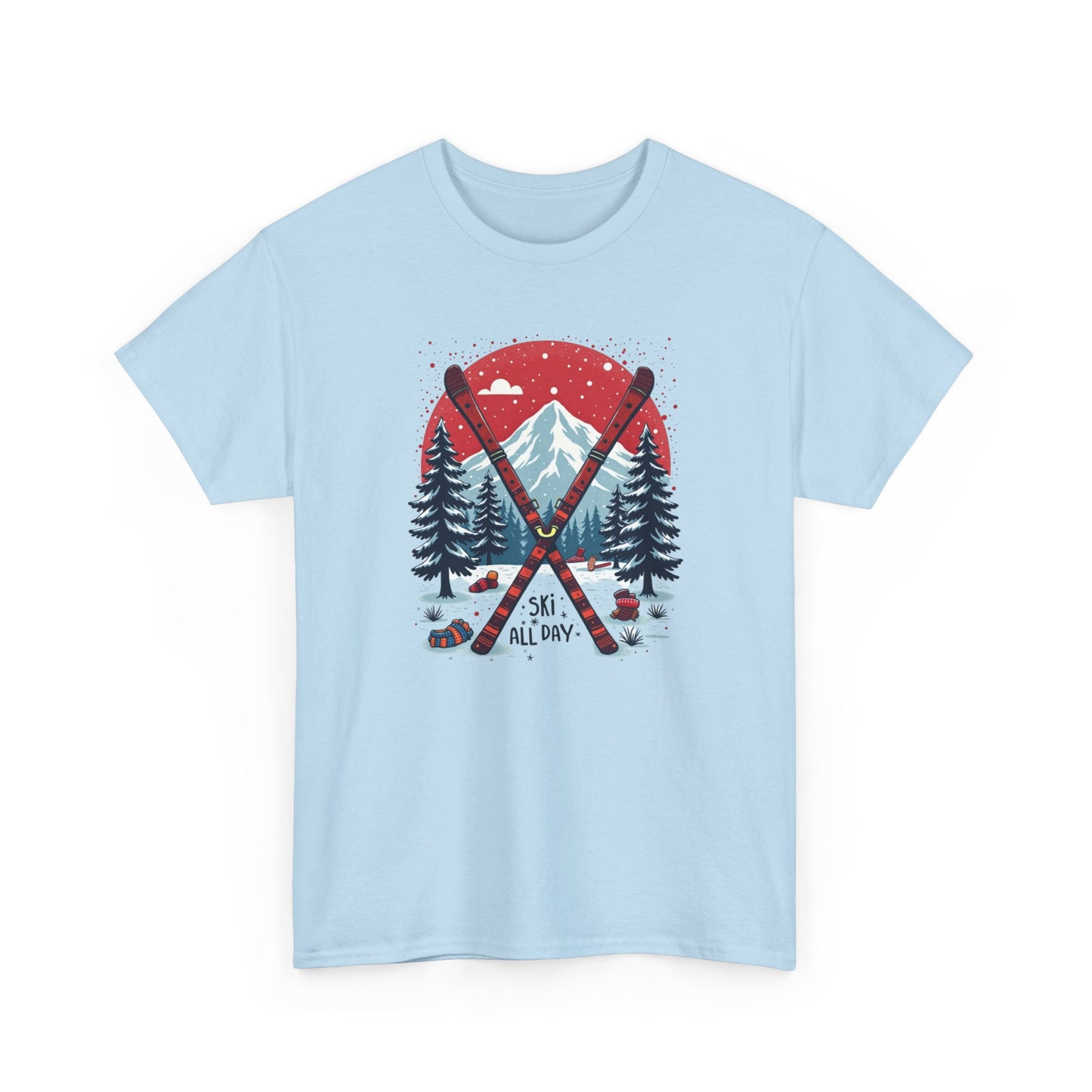 Ski All Day T-Shirt – Vintage Mountain Skis, Trees & Snow Graphic