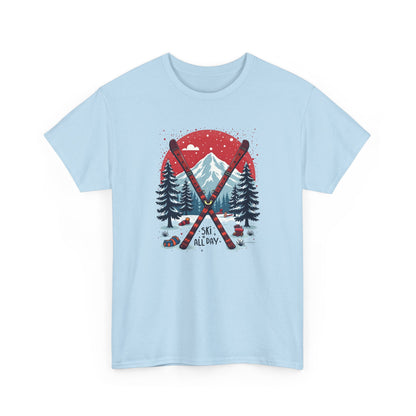 Ski All Day T-Shirt – Vintage Mountain Skis, Trees & Snow Graphic