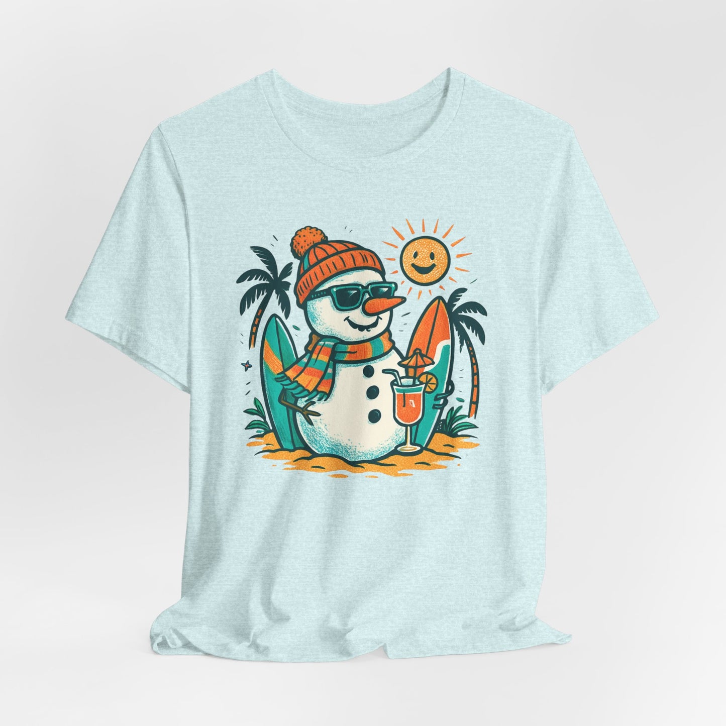 Frosty on Vacation Graphic Tee — Surfing Snowman with Drink Summer Holiday T-Shirt
