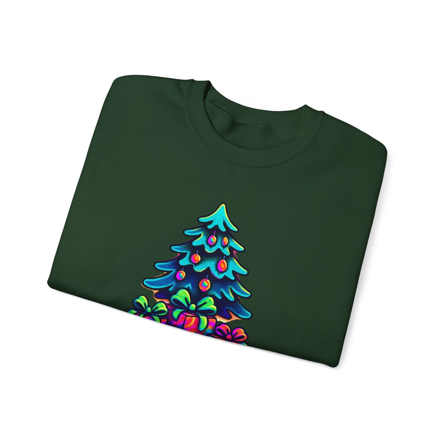 Psychedelic Christmas Tree Sweatshirt — Colorful Holiday Tree with Gifts Crewneck