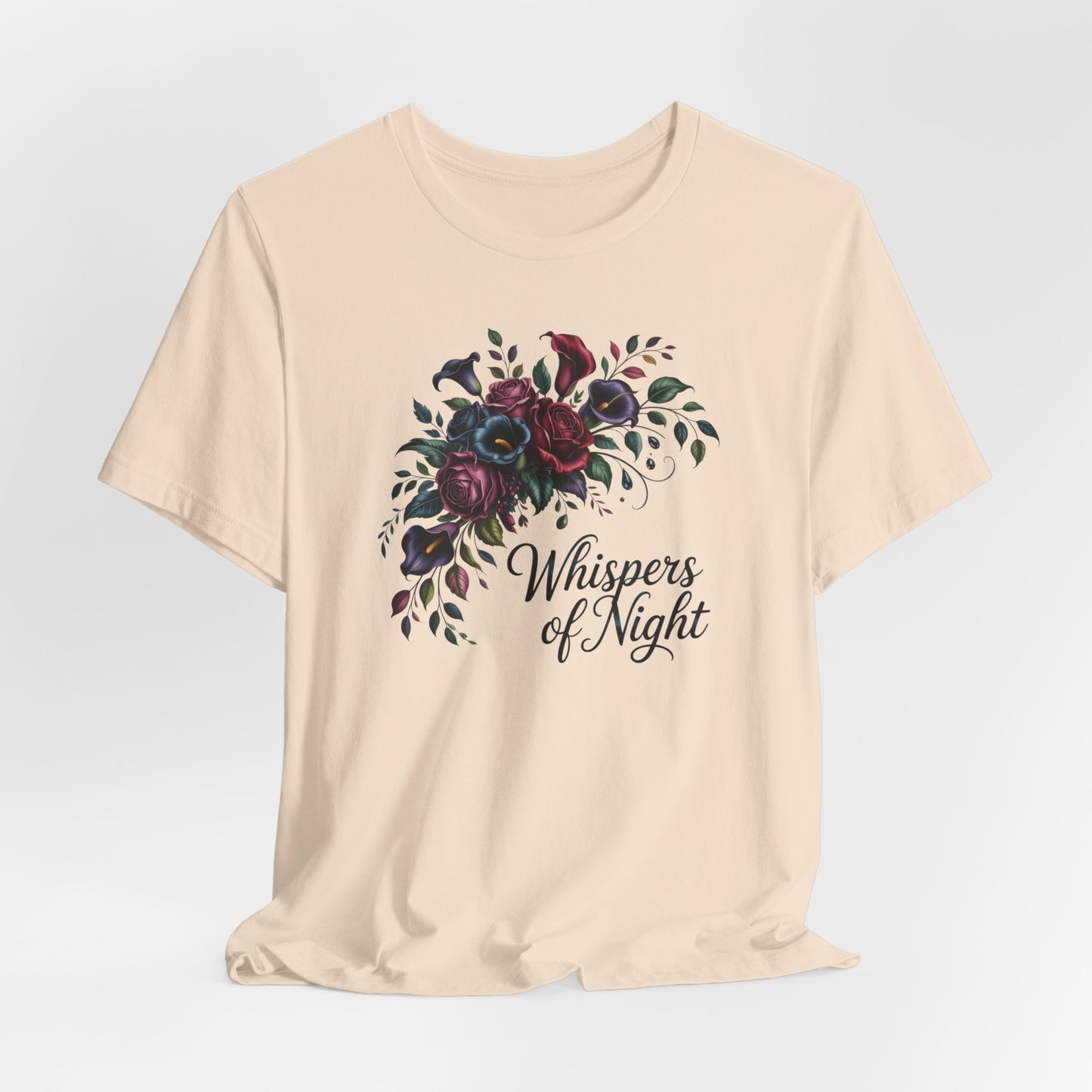 Whispers of Night Floral Tee — Dark Rose Bouquet Graphic T-Shirt