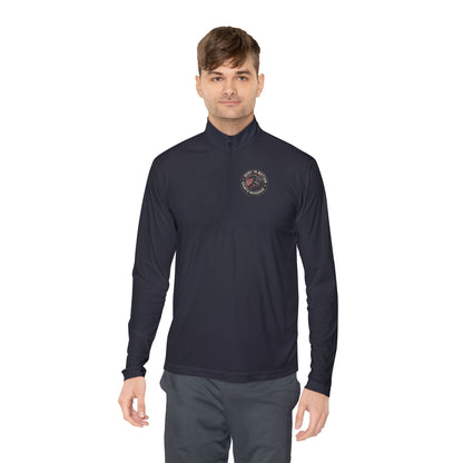 Sports Massage, Quarter-Zip Pullover — Vintage Fishing Badge Logo