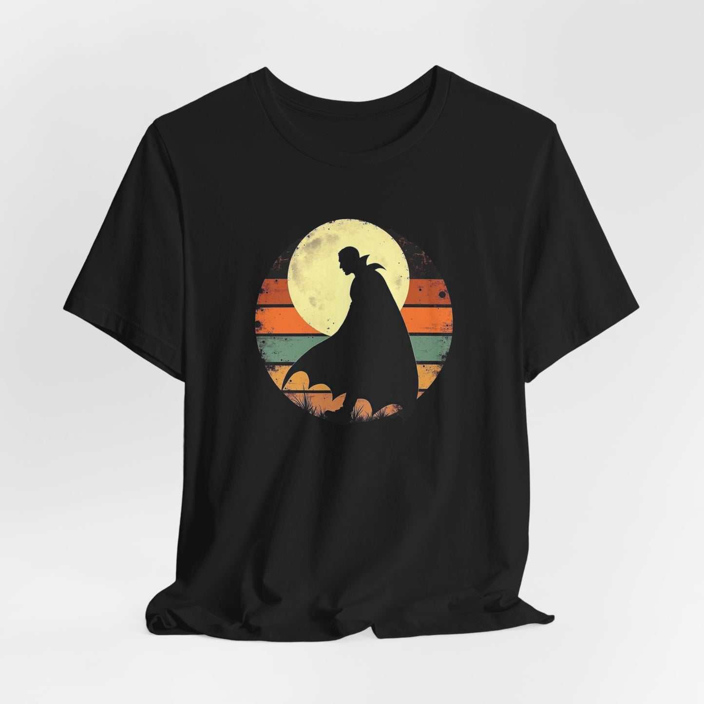 Vampire Silhouette Moon Tee — Retro Sunset Gothic Halloween T-Shirt