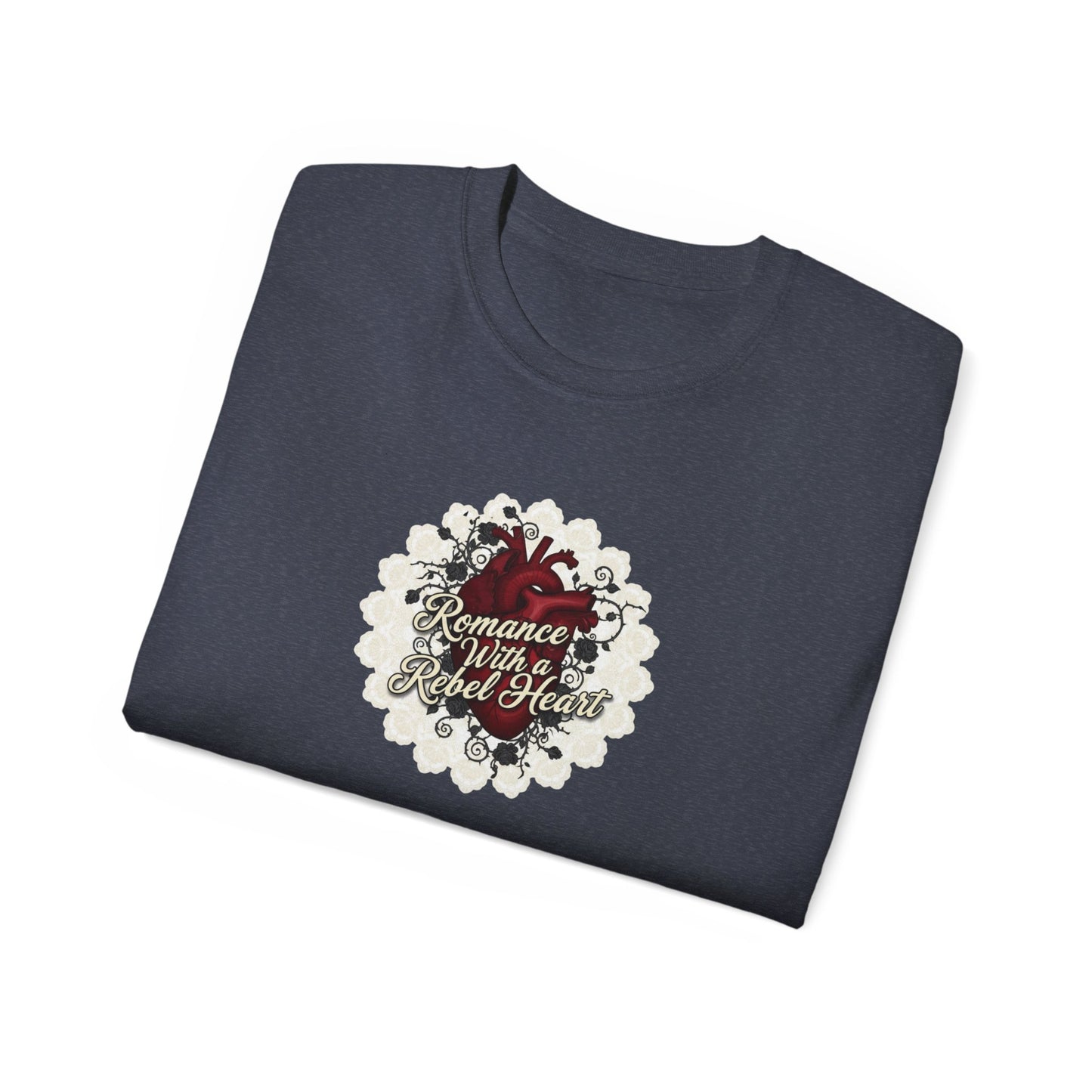 Romance with a Rebel Heart Tee — Gothic Floral Heart Graphic T-Shirt