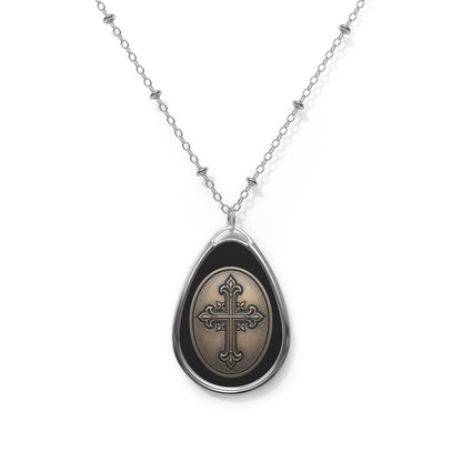 Oval Cross Pendant Necklace — Teardrop Religious Locket with Fleur-de-Lis Cross