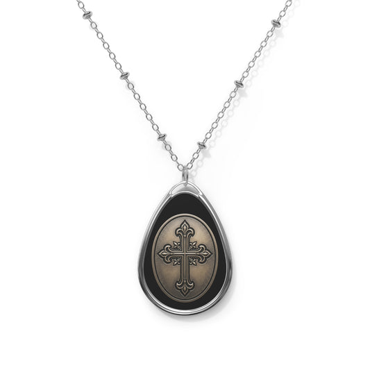 Oval Cross Pendant Necklace — Teardrop Religious Locket with Fleur-de-Lis Cross