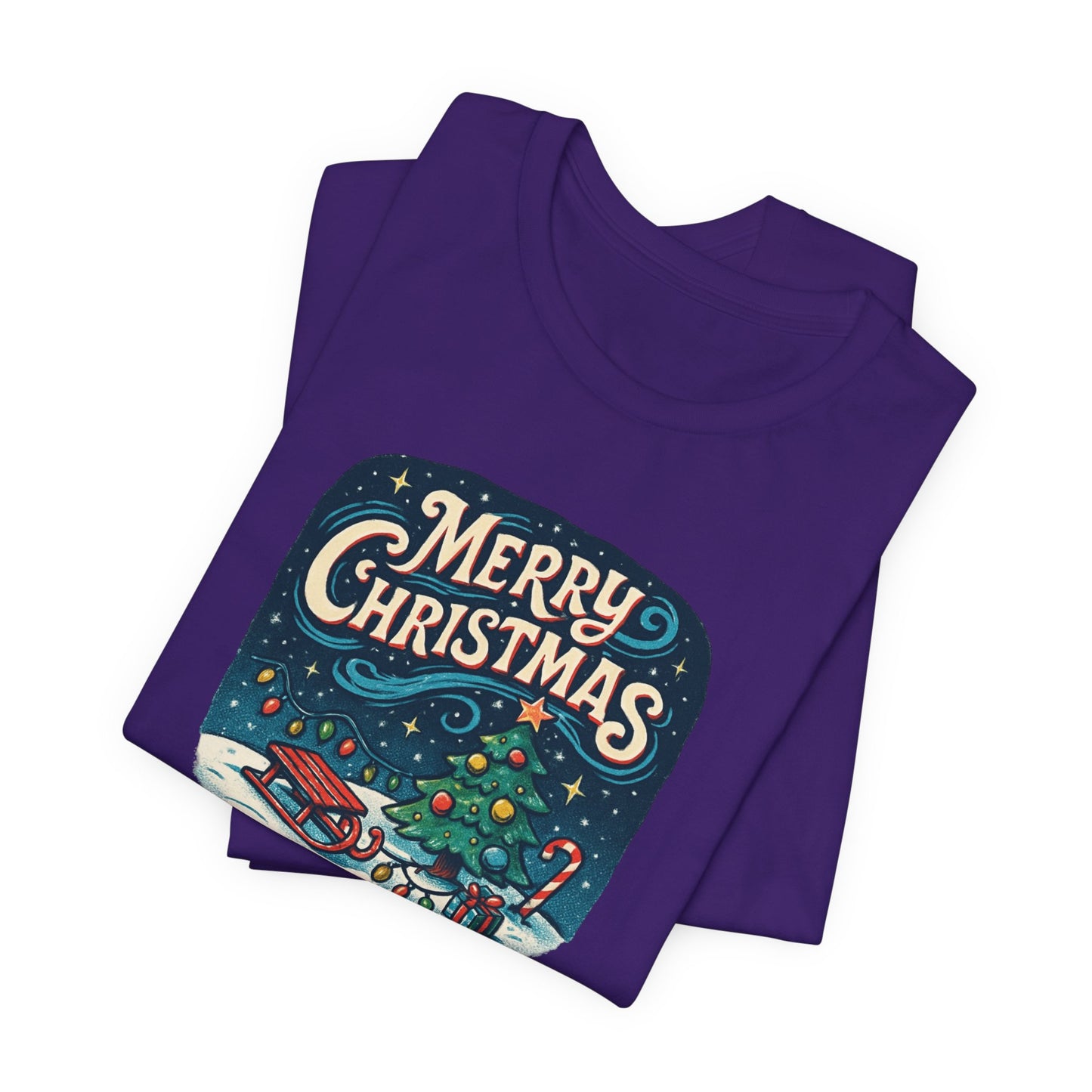 Merry Christmas Tee — Vintage Holiday Tree & Sled Graphic T-Shirt