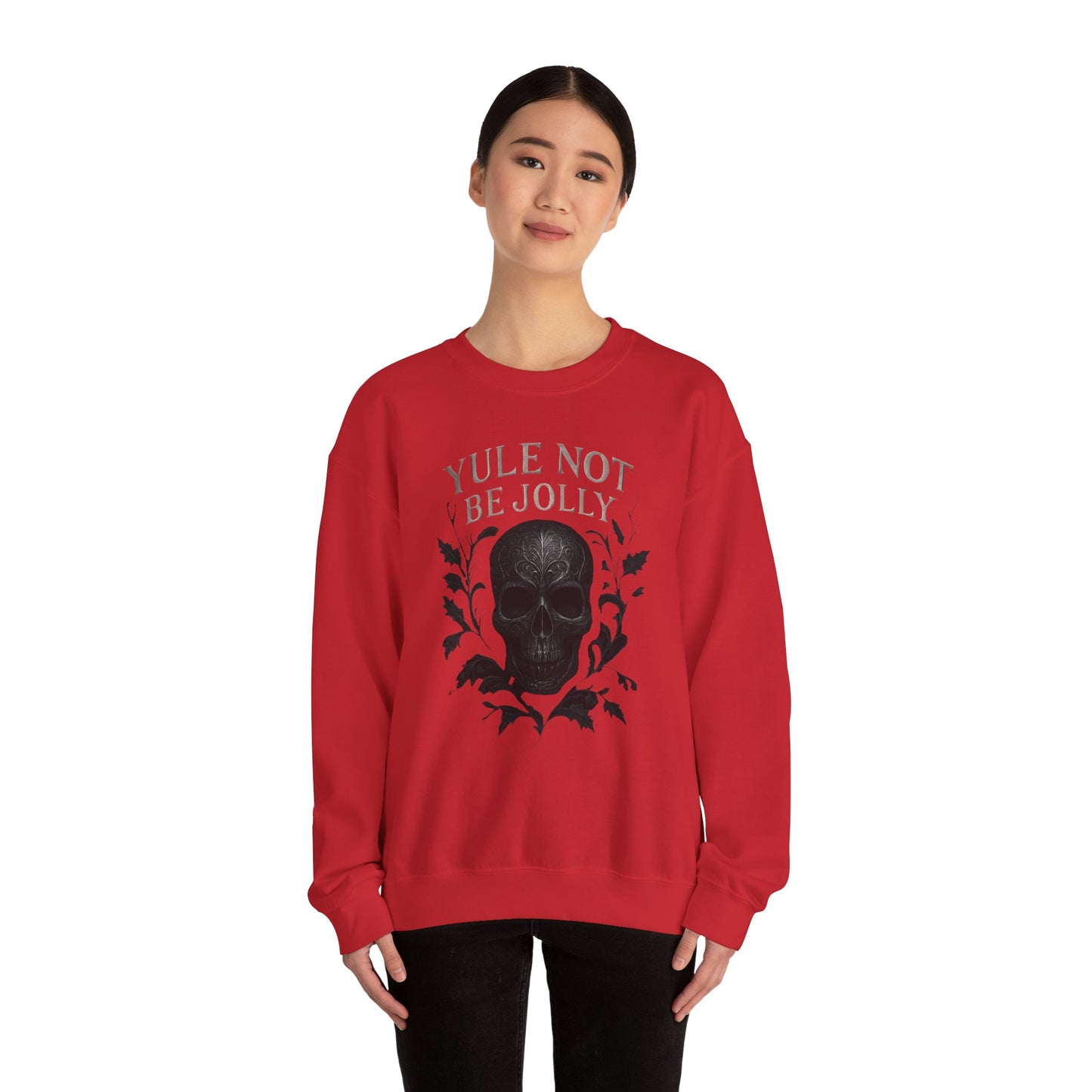 Holiday Crewneck Sweatshirt — “Yule Not Be Jolly” Skull Christmas Sweater