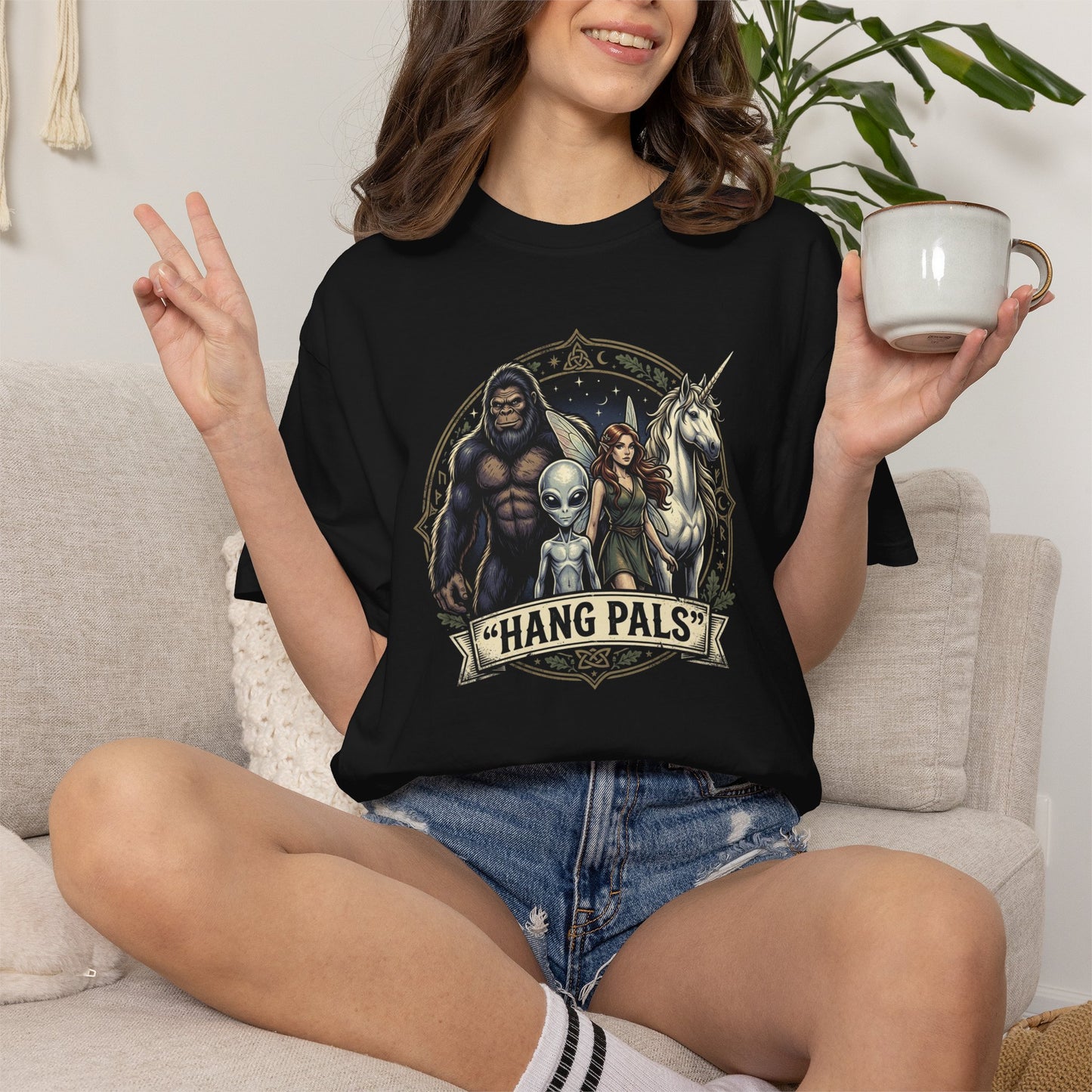 Hang Pals Graphic T-Shirt — Bigfoot, Alien & Unicorn Funny Crew Tee