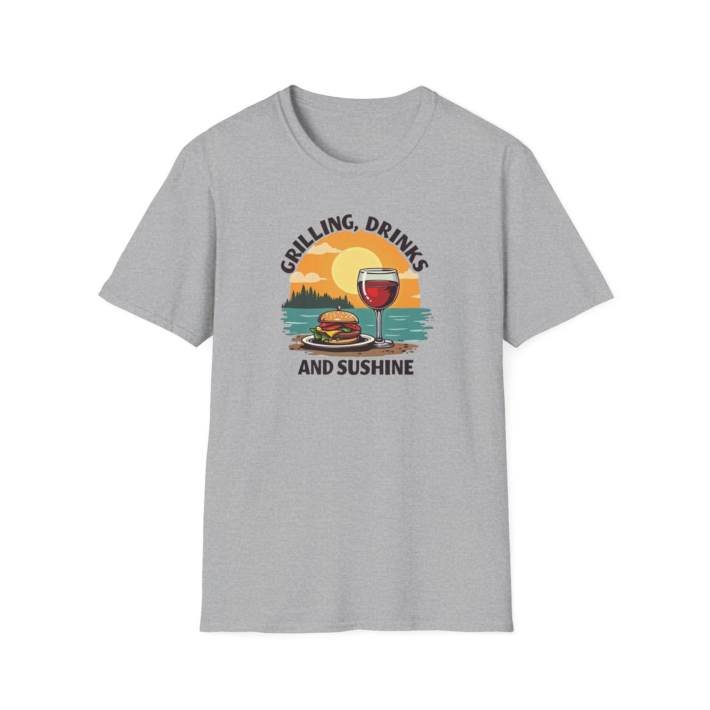 T-Shirt — Grilling, Drinks and Sunshine Retro Sunset BBQ Wine Tee